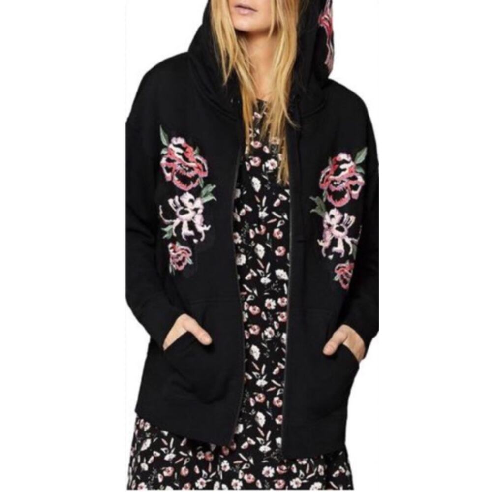 Sanctuary Black Floral Embroidered Hooded Sweatshirt Size L - Picture 1 of 9